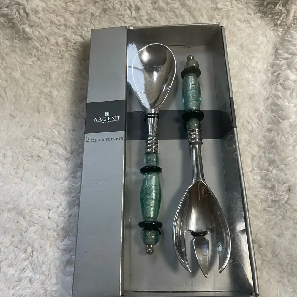 NIB Argent Orfevres Stainless Steel Ornate Plastic Handle two piece Servers
